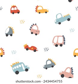 Cute Dino Cars Seamless Pattern, Childish Cartoon background, vector Illustration.