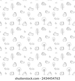 Cute Dino Cars Seamless Pattern, Childish Cartoon background, vector Illustration.