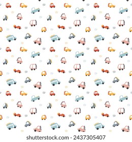 Nette Dino Autos nahtloses Muster, kindlicher Cartoon-Hintergrund, Vektor-Illustration.