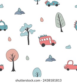 Cute Dino Cars Seamless Pattern, Childish Cartoon background, vector Illustration.