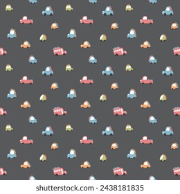 Cute Dino Cars Seamless Pattern, Childish Cartoon background, vector Illustration.