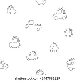 Cute Dino Cars Seamless Pattern, Childish Cartoon background, vector Illustration.