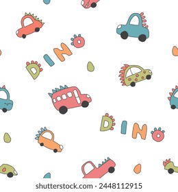 Cute Dino Cars Seamless Pattern, Childish Cartoon background, vector Illustration.