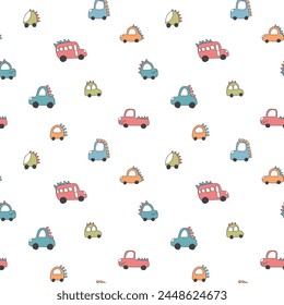 Cute Dino Cars Seamless Pattern, Childish Cartoon background, vector Illustration.