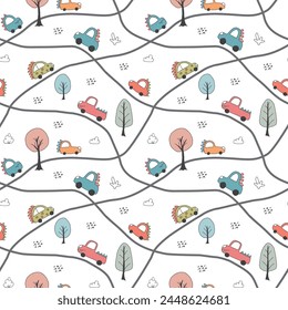 Cute Dino Cars Seamless Pattern, Childish Cartoon background, vector Illustration.