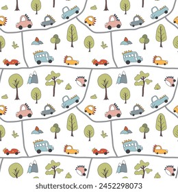 Cute Dino Cars Seamless Pattern, Childish Cartoon background, vector Illustration.