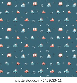 Cute Dino Cars Seamless Pattern, Childish Cartoon background, vector Illustration.