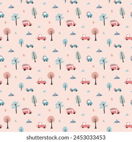 Cute Dino Cars Seamless Pattern, Childish Cartoon background, vector Illustration.