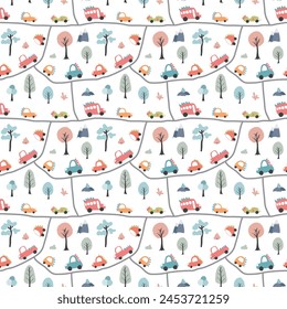 Cute Dino Cars Seamless Pattern, Childish Cartoon background, vector Illustration.