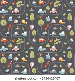 Cute Dino Cars Seamless Pattern, Childish Cartoon background, vector Illustration.