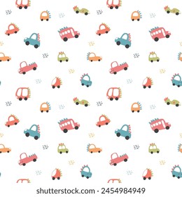 Cute Dino Cars Seamless Pattern, Childish Cartoon background, vector Illustration.