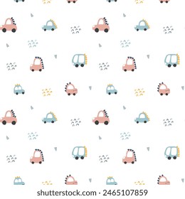Cute Dino Cars Seamless Pattern, Childish Cartoon background, vector Illustration.