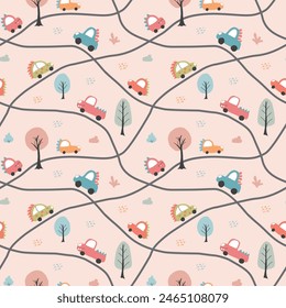 Cute Dino Cars Seamless Pattern, Childish Cartoon background, vector Illustration.