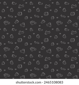 Cute Dino Cars Seamless Pattern, Childish Cartoon background, vector Illustration.