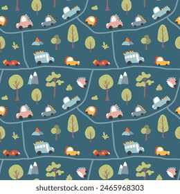 Patrón sin fisuras lindo de los coches del dinosaurio, fondo de la historieta infantil, Ilustración vectorial.