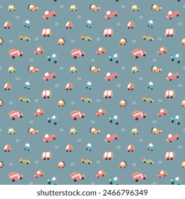 Cute Dino Cars Seamless Pattern, Childish Cartoon background, vector Illustration.