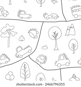 Cute Dino Cars Seamless Pattern, Childish Cartoon background, vector Illustration.