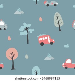 Cute Dino Cars Seamless Pattern, Childish Cartoon background, vector Illustration.