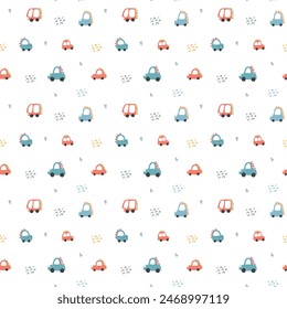 Cute Dino Cars Seamless Pattern, Childish Cartoon background, vector Illustration.