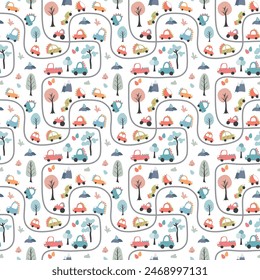 Cute Dino Cars Seamless Pattern, Childish Cartoon background, vector Illustration.