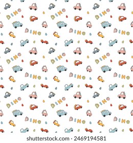 Cute Dino Cars Seamless Pattern, Childish Cartoon background, vector Illustration.