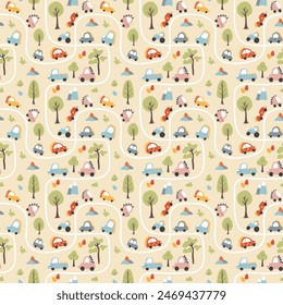 Cute Dino Cars Seamless Pattern, Childish Cartoon background, vector Illustration.
