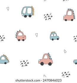 Cute Dino Cars Seamless Pattern, Childish Cartoon background, vector Illustration.