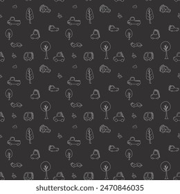Cute Dino Cars Seamless Pattern, Childish Cartoon background, vector Illustration.