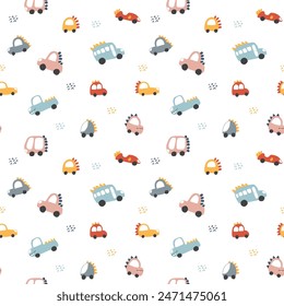 Cute Dino Cars Seamless Pattern, Childish Cartoon background, vector Illustration.