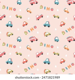 Cute Dino Cars Seamless Pattern, Childish Cartoon background, vector Illustration.