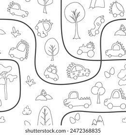 Cute Dino Cars Seamless Pattern, Childish Cartoon background, vector Illustration.