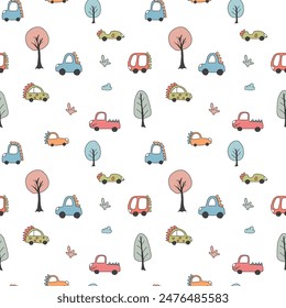 Cute Dino Cars Seamless Pattern, Childish Cartoon background, vector Illustration.