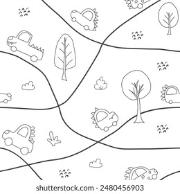 Cute Dino Cars Seamless Pattern, Childish Cartoon background, vector Illustration.