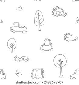 Cute Dino Cars Seamless Pattern, Childish Cartoon background, vector Illustration.