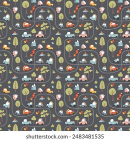 Cute Dino Cars Seamless Pattern, Childish Cartoon background, vector Illustration.