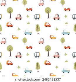 Cute Dino Cars Seamless Pattern, Childish Cartoon background, vector Illustration.