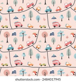 Cute Dino Cars Seamless Pattern, Childish Cartoon background, vector Illustration.