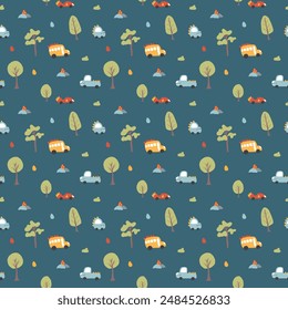 Cute Dino Cars Seamless Pattern, Childish Cartoon background, vector Illustration.