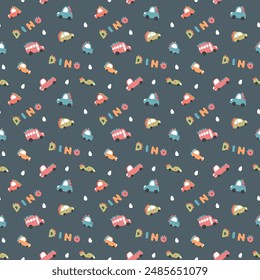 Cute Dino Cars Seamless Pattern, Childish Cartoon background, vector Illustration.