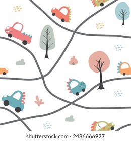 Cute Dino Cars Seamless Pattern, Childish Cartoon background, vector Illustration.