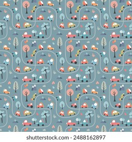 Cute Dino Cars Seamless Pattern, Childish Cartoon background, vector Illustration.