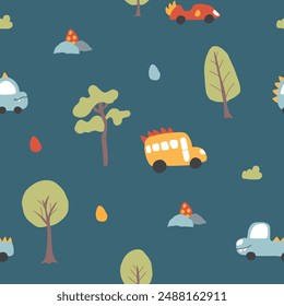 Cute Dino Cars Seamless Pattern, Childish Cartoon background, vector Illustration.