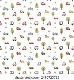 Cute Dino Cars Seamless Pattern, Childish Cartoon background, vector Illustration.