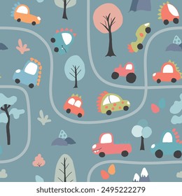 Cute Dino Cars Seamless Pattern, Childish Cartoon background, vector Illustration.