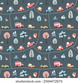 Cute Dino Cars Seamless Pattern, Childish Cartoon background, vector Illustration.