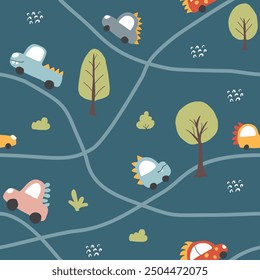 Cute Dino Cars Seamless Pattern, Childish Cartoon background, vector Illustration.