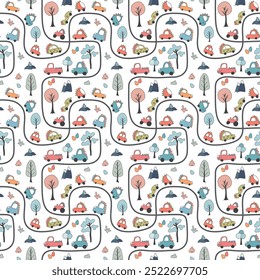 Cute Dino Cars Seamless Pattern, Childish Cartoon background, vector Illustration.
