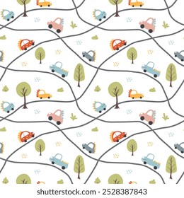 Cute Dino Cars Seamless Pattern, Childish Cartoon background, vector Illustration.