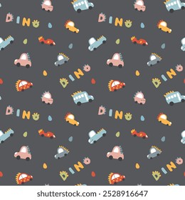 Cute Dino Cars Seamless Pattern, Childish Cartoon background, vector Illustration.