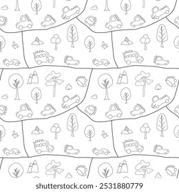 Cute Dino Cars Seamless Pattern, Childish Cartoon background, vector Illustration.